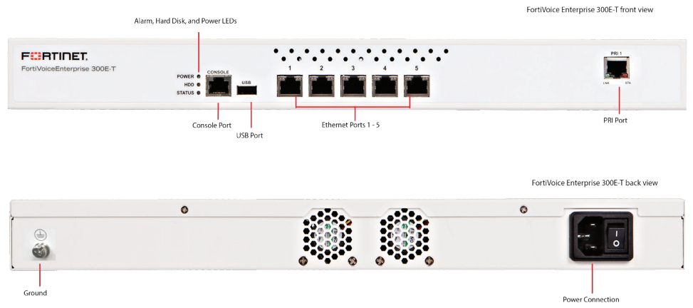 FortiVoice Enterprise 300E-T Front and Rear View